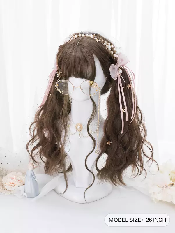 26Inch Chocolate Color Synthetic Wigs with Bang Long Natural Wavy Hair Wig for Women Daily Party Cosplay Heat Resistant Lolita