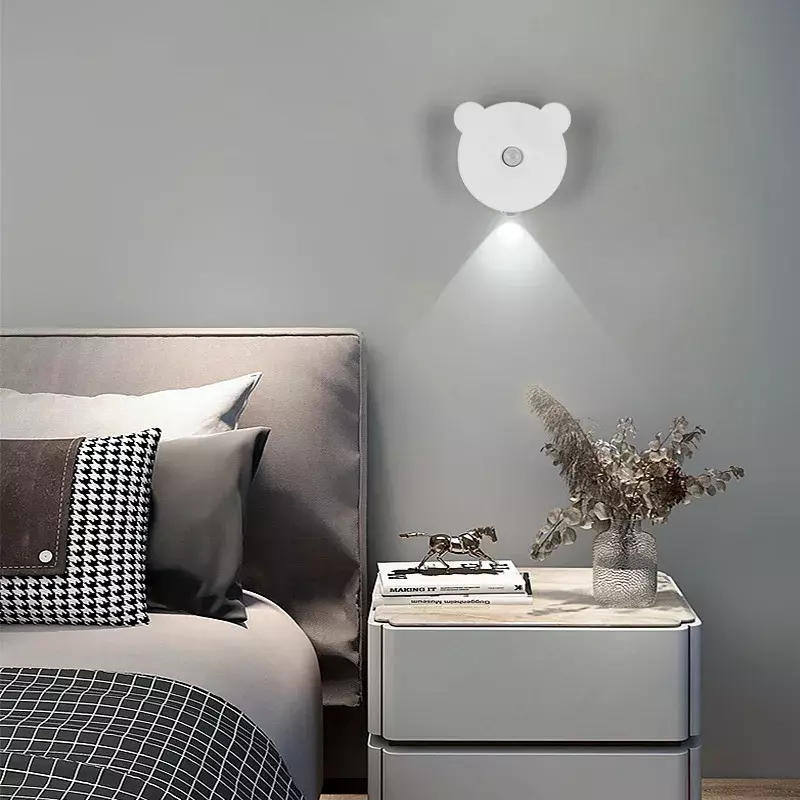 Lampu LED pintar USB Sensor manusia, lampu samping tempat tidur kamar tidur dinding magnetik lampu plat pintu LED lampu malam kecil isi ulang