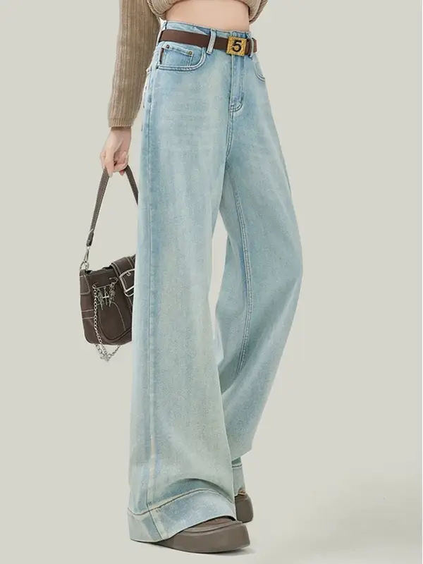 Celana kaki lebar wanita lurus klasik Vintage, celana Jeans ramping pinggang tinggi warna polos mode sederhana Amerika