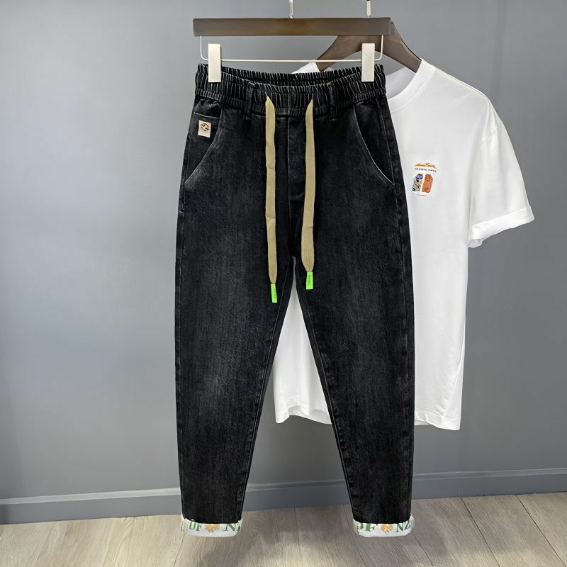 Harajuku Fashion Men's Printed Cargo Vintage Harem Pants Elastic Waistband Baggy Jeans for Casual Spring and Autumn Denim Pants