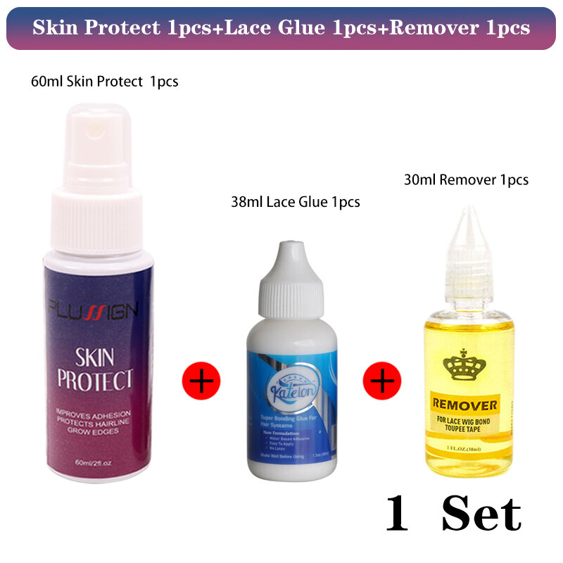 3Pcs/set 1.3oz 38ml Lace Front Wig Glue For Hair Replacement & 30ml Hair Glue Remover & 60ml Skin Protect For Improves Adhesion