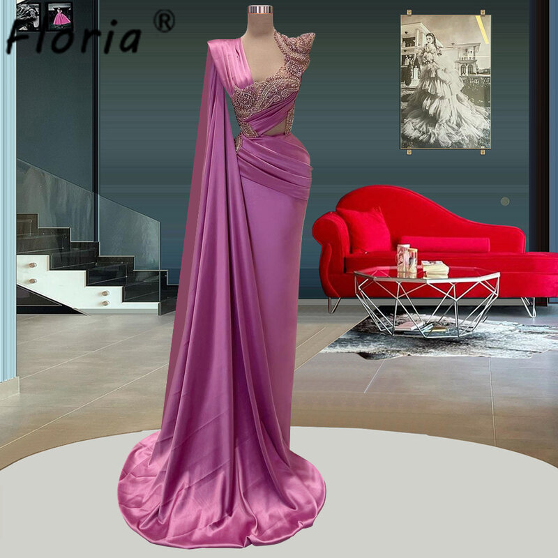 Langes rosa Satin Abendkleid eine Schulter Perlen Meerjungfrau Hochzeits feier Kleider vestidos de fiesta elegantes para mujer 2023
