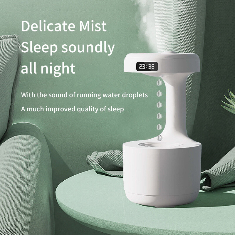 Humidificador de aire con gotas de agua, difusor antigravedad, luz nocturna, dormitorio, oficina, escritorio, pantalla LED inteligente de tiempo, 800ml