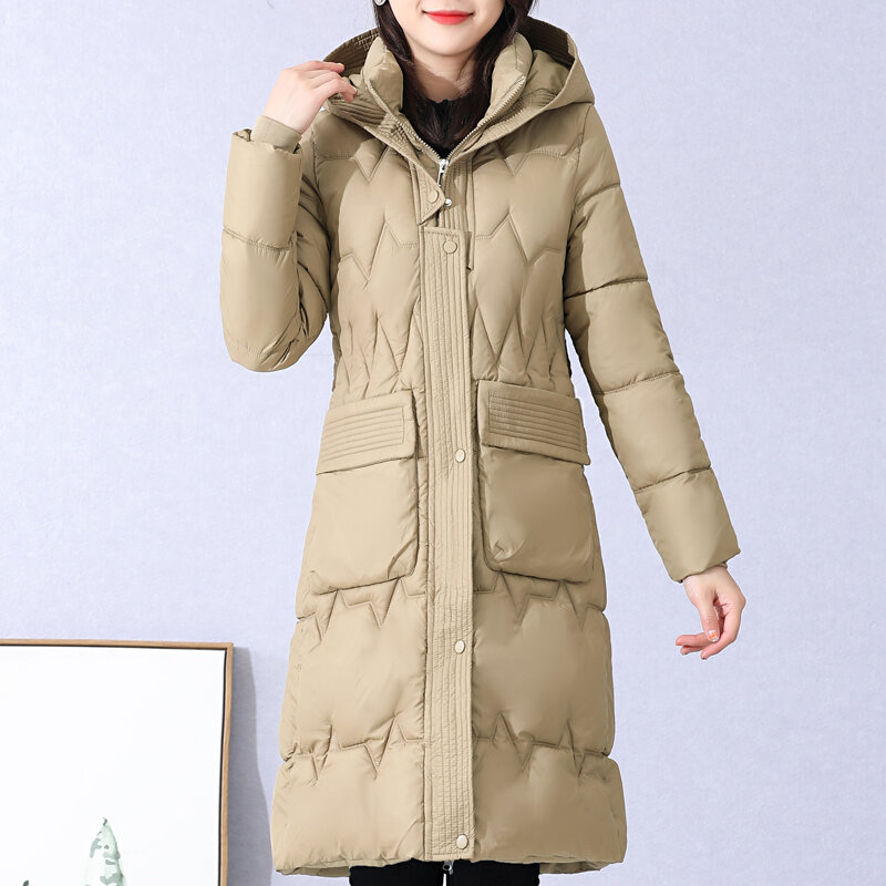 Mantel panjang musim dingin wanita, jaket Parka bertudung katun hangat tebal kasual kualitas tinggi gaya Korea musim dingin 2023