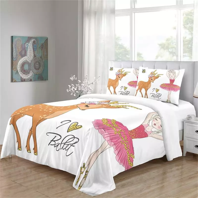 Pink Dance Princess Swan Cartoon Cute Girl Kids 3pcs Bedding Sets Single Double Bed Duvet Cover Set and 2 pcs Pillow cover