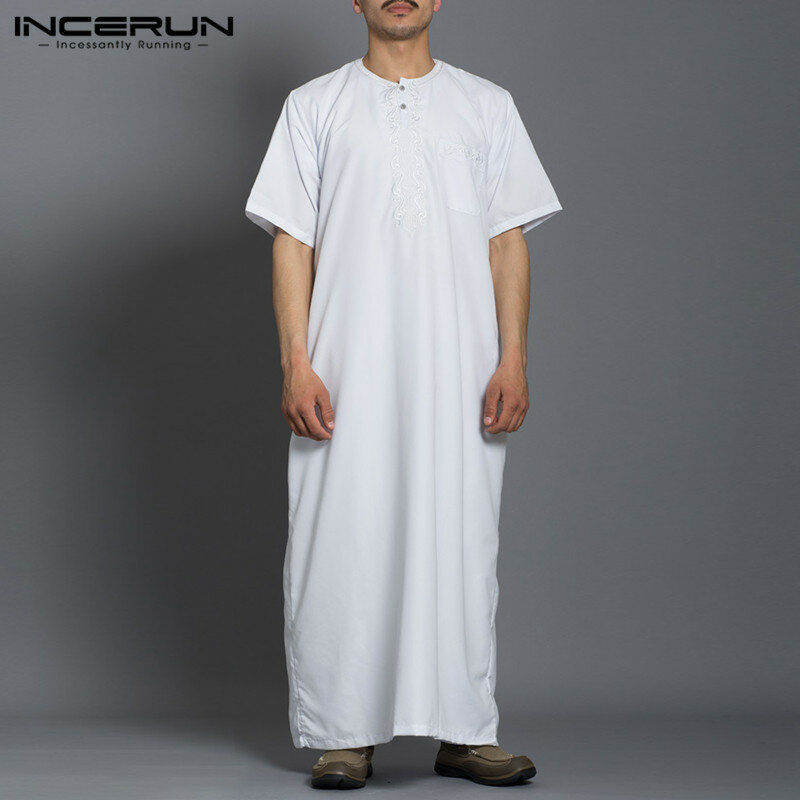 INCERUN 2024 мужской мусульманский джубба Тауб исламский кафтан однотонный Модный с коротким рукавом Кафтан Ближний Восток Дубай мужские халаты