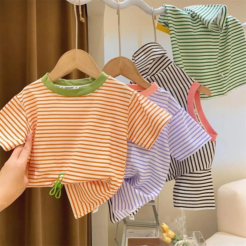 Pure Cotton Girls Baby Short sleeved T-shirt Summer New Western Children's Contrast Stripe Short sleeved Top