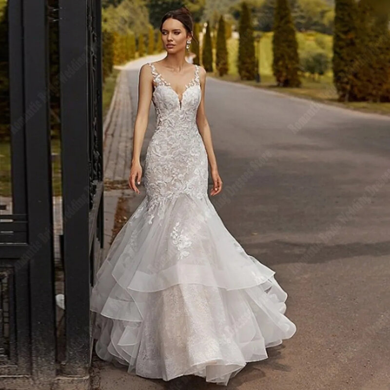 Sparkle Women Wedding Dresses Newest Glitter Tulle Deep-V Bridal Gowns  Elegant  A line Flower Shoulder Strap Vestidos De Novias