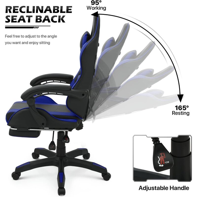 Kursi bermain game dengan sandaran kepala dan penopang pinggang, kursi balap komputer ergonomis, kursi komputer putar kulit tinggi dapat disetel