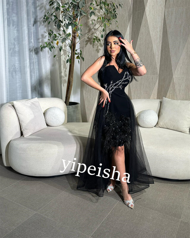 Net Beading Feather Evening Straight Spaghetti Strap Bespoke Occasion Gown  Hi-Lo Dresses