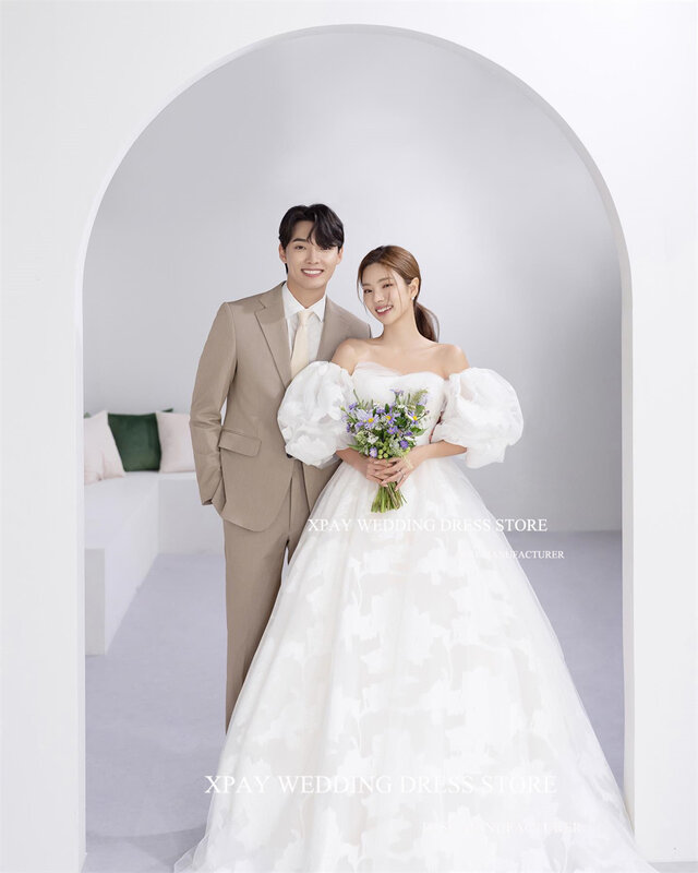 Кружевное Свадебное платье принцессы XPAY в Корейском стиле, свадебные платья с короткими рукавами-фонариками, платье для фотосессии, длиной до пола, Атласное Бальное Платье трапециевидной формы