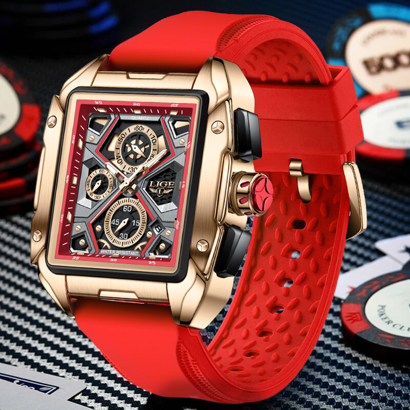LIGE jam tangan kuarsa untuk pria, arloji merek Top asli olahraga silikon tahan air dengan Chronograph