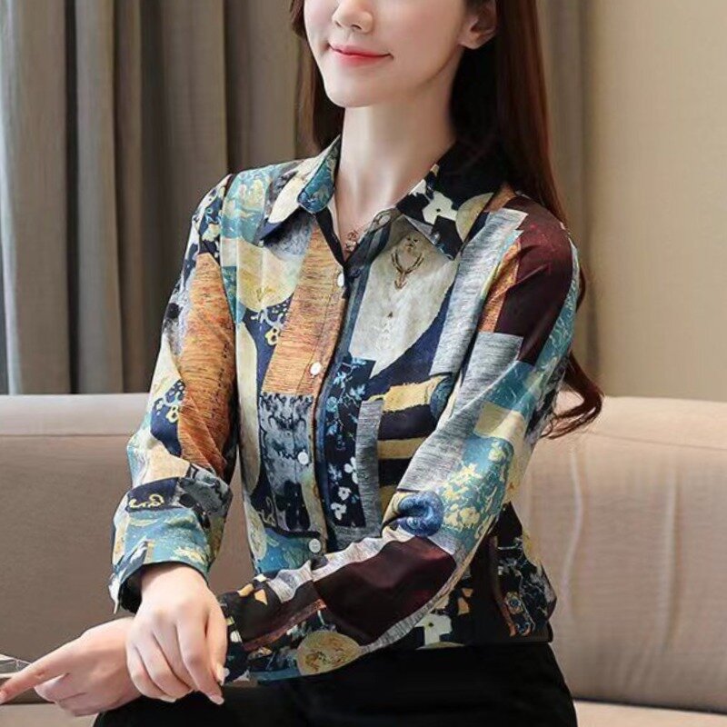 2024 neue koreanische Retro Frühling Frauen Polo Kragen gedruckt Mode vielseitige einreihige Multi-Knopf Langarm lose Hemd Top