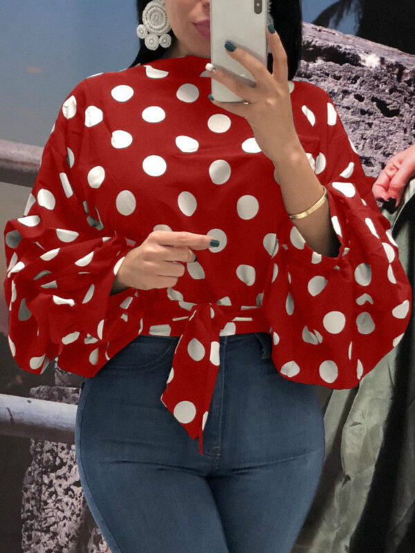 Blus Polka Dot Wanita Atasan Ikat Pinggang Hitam Lengan Puff Panjang Putih Merah Ukuran Besar XXXL Fashion Wanita Kasual Musim Semi Musim Panas Bluas