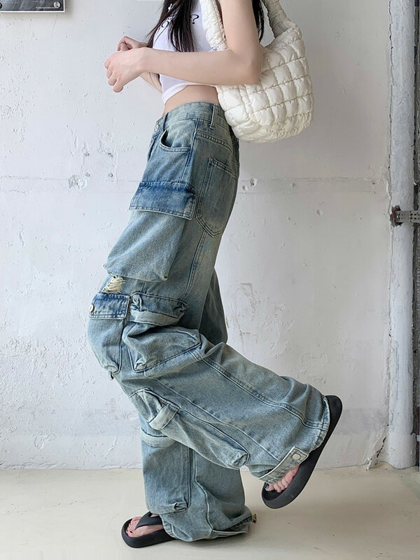 Jeans rasgados largos de mulher, calça de perna larga, bolsos múltiplos, calça feminina, roupa azul lavada, streetwear grunge Y2K, 2021