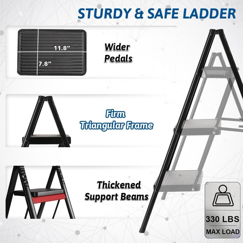 Langkah tangga 3 langkah lipat, kokoh 330 Lbs bangku langkah kecil untuk dewasa, lebih aman baja penuh multi-guna tangga dapur untuk rumah