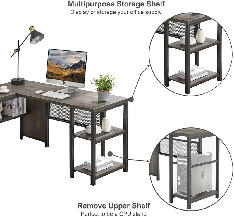 FATORRI L Shaped Computer Desk, Industrial Home Office Desk with Shelves, Reversible Wood and Metal Corner Desk (Walnut Brown, 5