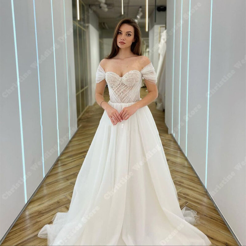 ชุดแต่งงานเปิดไหล่วินเทจสีสดใสชุดเจ้าสาวผ้าบางเนื้อละเอียดแขนกุดทรงเอไลน์ลูกไม้ผ้าปะติด Vestidos de Novia