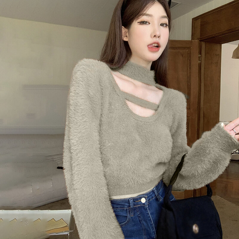 Women's Pullover Keep Warm Feel Imitation Mink fur Sweet Short style Plush Sweater