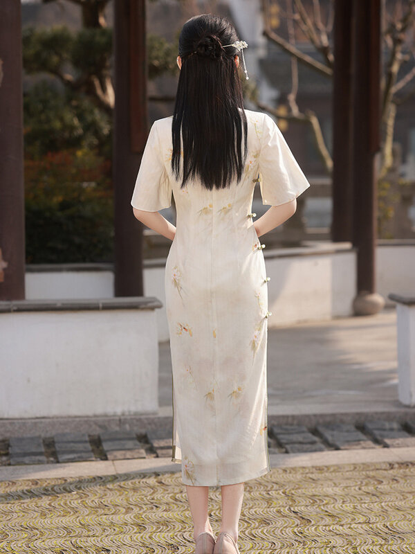 Qipao de satén con estampado de flores para mujer, vestido largo chino tradicional, Sexy, ajustado, dividido, Cheongsam vintage, traje Oriental clásico