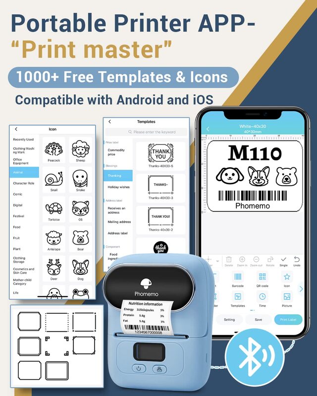 Термопринтер Phomemo M110 для печати этикеток, мини-принтер для печати этикеток со штрих-кодом, устройство для печати этикеток с Bluetooth, ценники, принтеры с бесплатным приложением