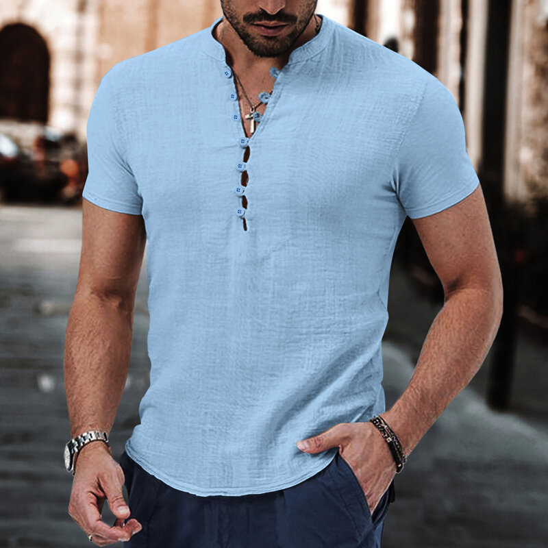 New summer cotton and linen short sleeve collarless single breasted solid color casual men's shirt