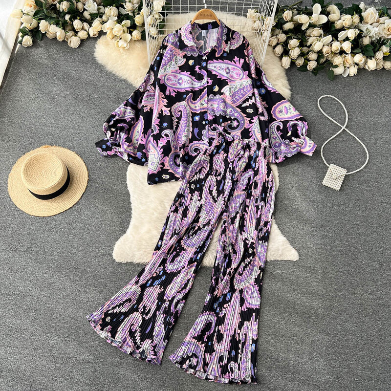 Vacation Style Two-piece Set for Women's French Retro Printed Loose Long Sleeved High Waisted ，Straight Leg Casual Pants Set