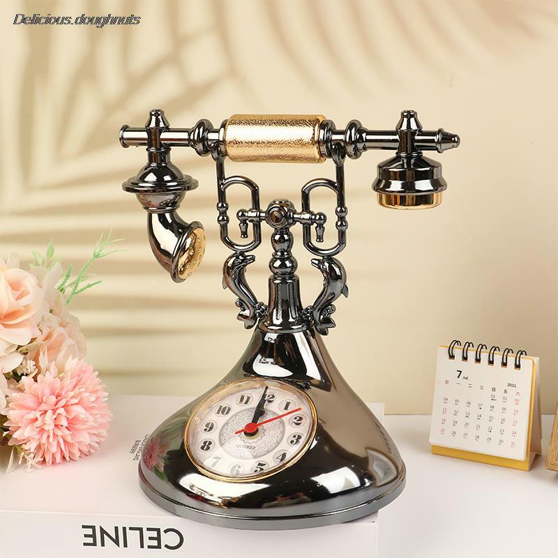 1pc Retro Alarm Clock Telephone Model Creative Timekeeper Desktop Ornament For Home Room Bedside Table Decoration