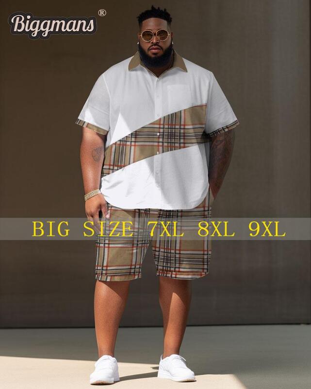 Biggmans Shirt Plus Size Set L-9Xl for Summer Clothing Oversize Suit Men's Large Block Street Short Shirt Shorts 7XL 8XL 9XL
