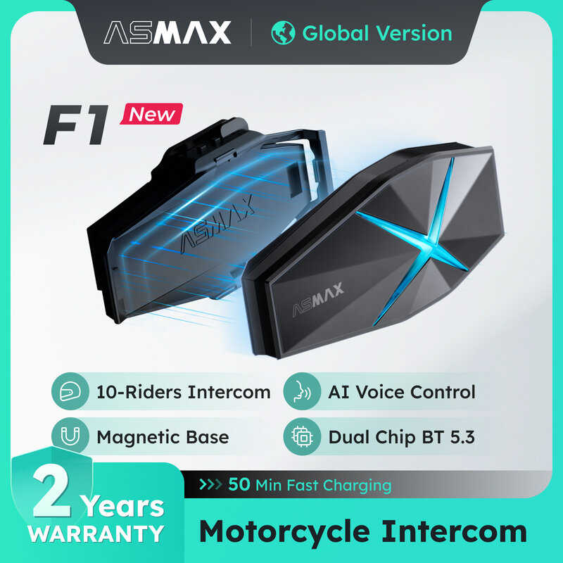 ASMAX F1 Motorfietsintercom, Spraakgestuurd, Ondersteunt intercom voor 10 personen, 1800m communicatieafstand, Bluetooth 5.3/Universeel koppelen/ENC Ruisonderdrukking/ IP67 Waterdicht