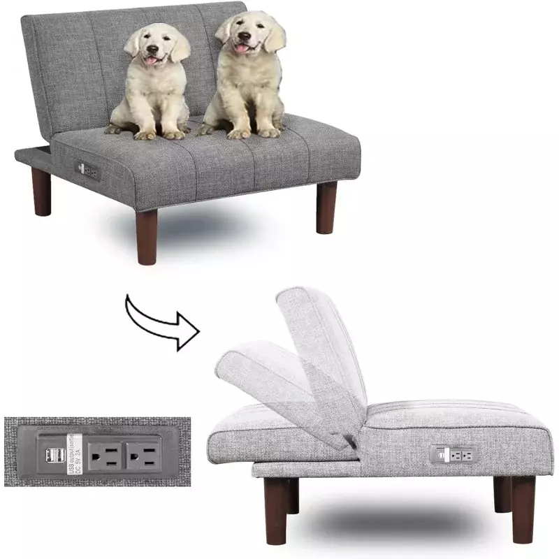 Sofa Mini tanpa lengan, kursi Sofa Futon berlapis kain dengan pengisi daya USB, sandaran dapat disesuaikan Sofa kecil untuk ruang tamu, Bedr
