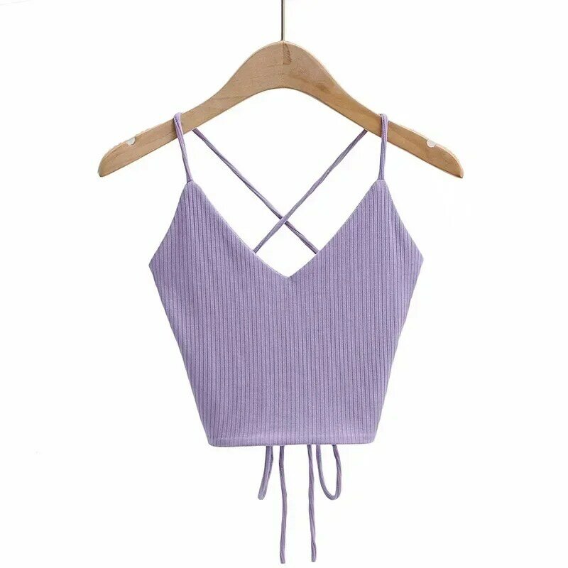 Spring Summer Sexy Corset Crop Top Tank For Women Knitted Lace Up Tie Back Solid Crop Backless Top Criss Cross INS Knit Top