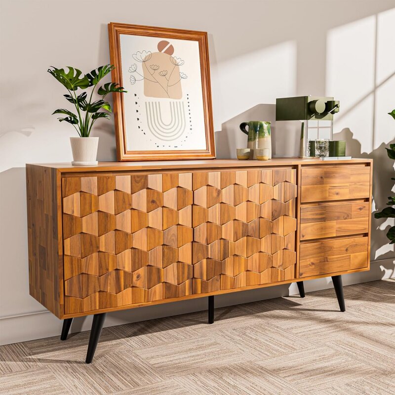 Bme Sideboard Georgina Solid Wood 2 Doors & 3 Drawers, 61'' Mid Century Modern Cabinet with Geometric Pattern for Kitchen, D