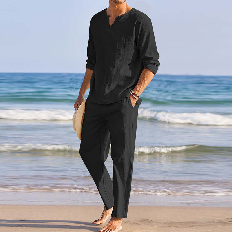 Transpirable en este conjunto de 2 piezas para hombre, camisa Henley de manga larga y pantalones de playa, algodón y lino, blanco, negro y azul