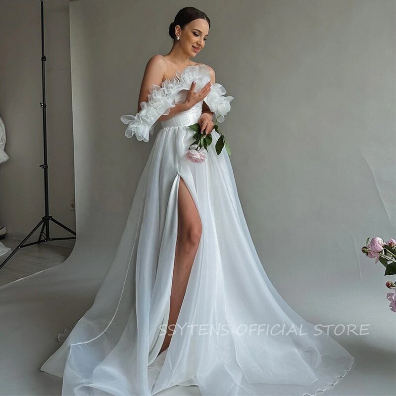 Gaun pengantin peri A Line, gaun pesta pernikahan, gaun pengantin putri Off Shoulder bunga 3D 2024, gaun pengantin Split свадебное платье