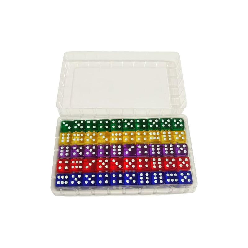 50 buah dadu akrilik 16mm dengan kotak penyimpanan mainan Bar dadu warna transparan Set dadu 6 sisi untuk permainan papan