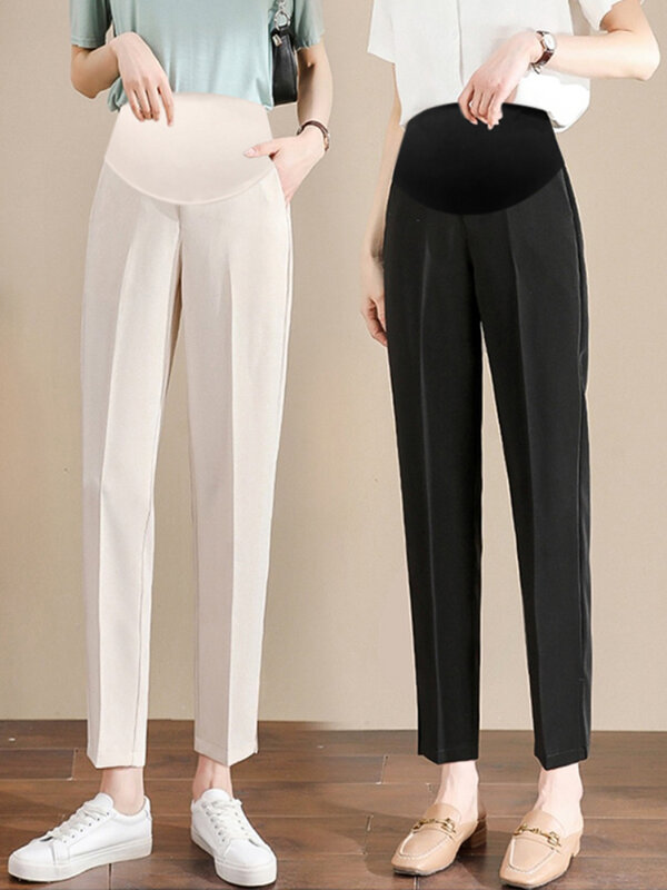 2024 Pregnant women belly pants summer black Fashion elegant maternity formal trousers ankle-length pregnancy work clothes with