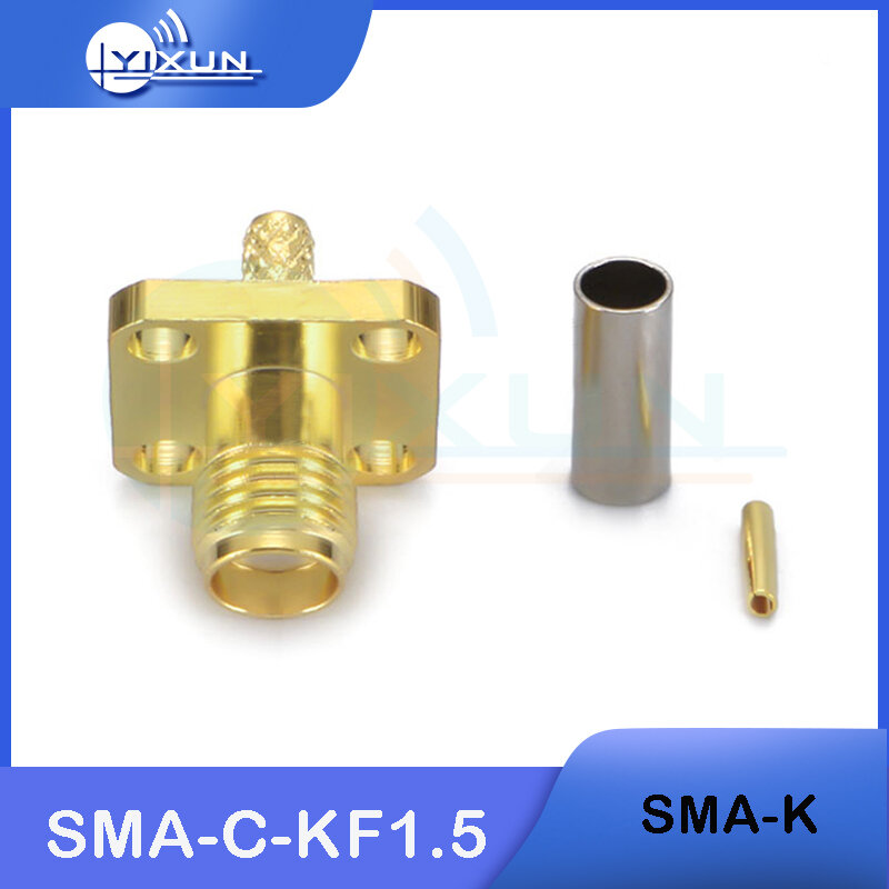 2 buah SMA-C-KF1.5 SMA betina empat lubang pelat persegi konektor koaksial RF pelat las untuk kabel RG316 50-1.5