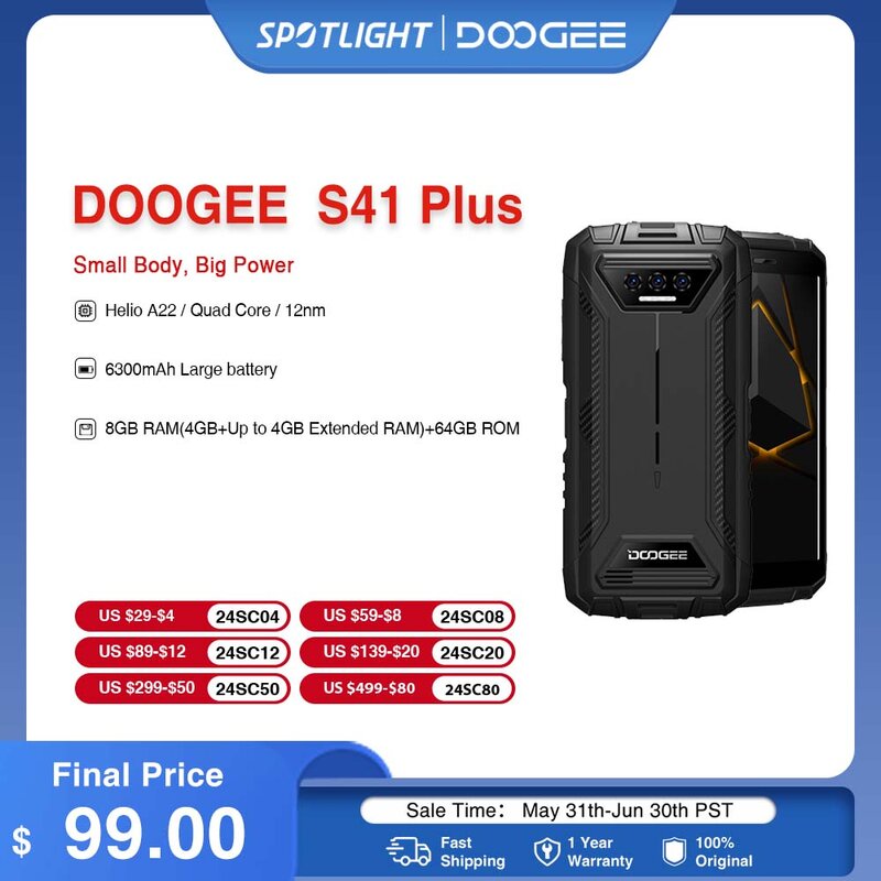 DOOGEE S41 플러스 견고한 휴대폰, 5.5 인치 IPS HD 13MP AI 트리플 카메라, 8GB RAM (4GB + 최대 4GB RAM) + 128GB ROM, 6300mAh 안드로이드 13 휴대폰