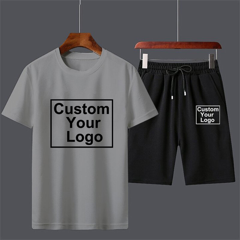 Customized logo  new Summer Men's Fashion Sports Suit Cotton Print T-shirt Shorts Comfortable Short-sleeved Shorts 6 Colors