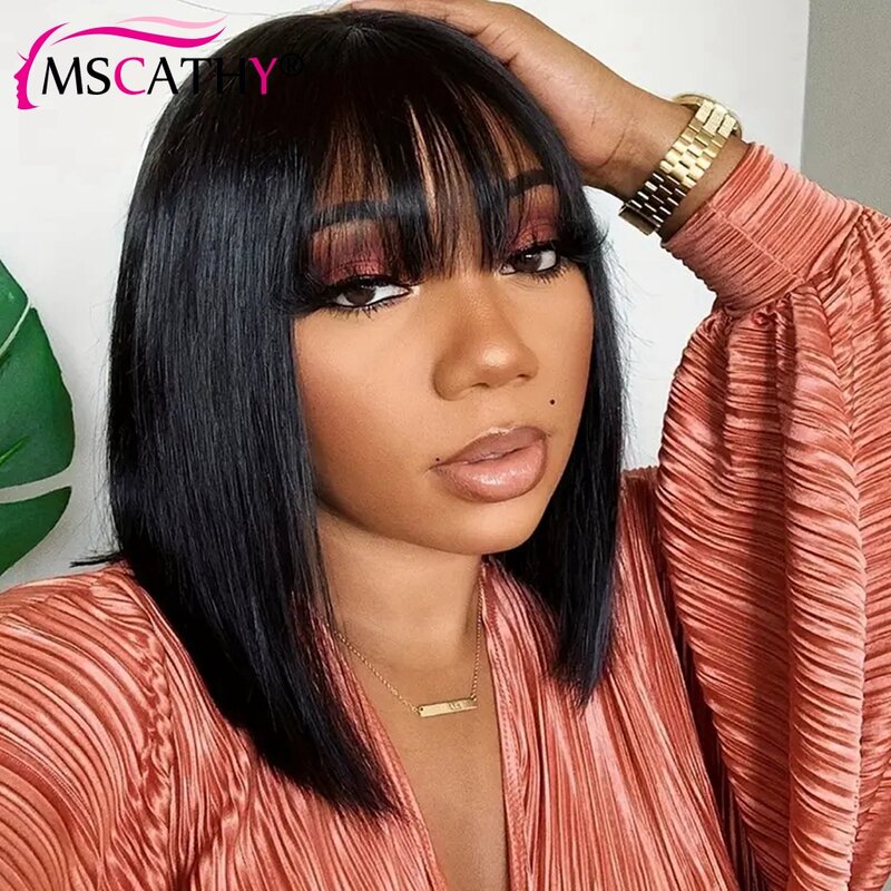 14 Inch Brazilian Remy Human Hair Wigs for Women Wear and Go Full Machine Made Short Bob Wig with Bangs Natural Black on Sale