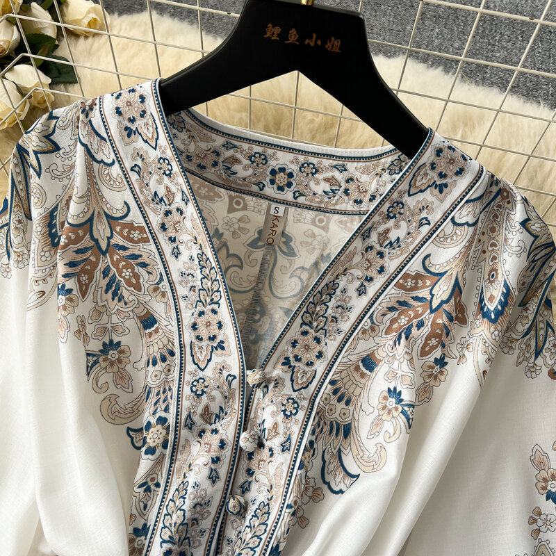 Vestido corto informal con estampado Vintage para mujer, minivestido elegante de manga abullonada, cuello en V, moda coreana, verano y primavera