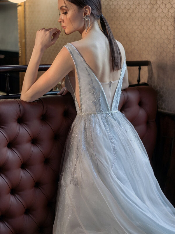魅力的なビーズのVネックウェディングドレス,クラシックなノースリーブのドレス,地面の長さ,セクシーなドレス,2024