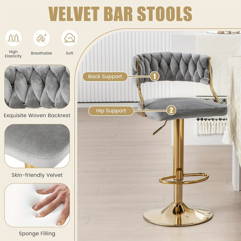 Retro Grey Velvet Bar Stools com moldura de ferro fundido, cadeiras giratórias ajustáveis com encosto tecido, altura 35-43in, apto para Kitch, 2PCs