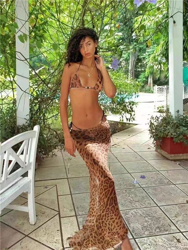 2024 new three-piece beach print sexy bikini strap skirt casual suit