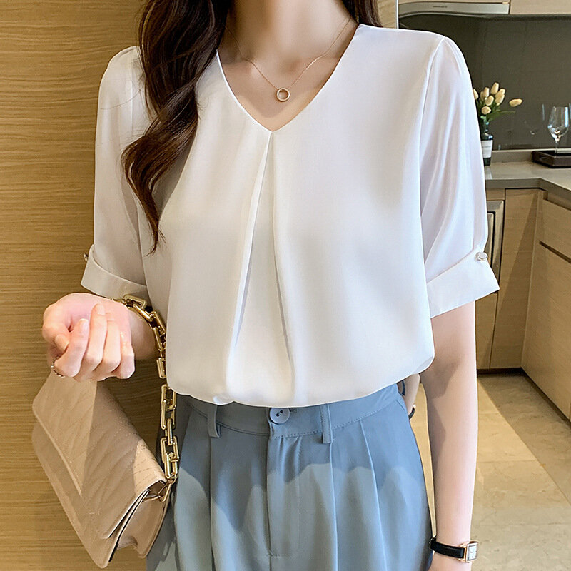 New Retro Pullover White Long Sleeve Solid Color Shirt Women's Simple Blue Tops and Blouses Chiffon Elegant Fashion Spliced Tops