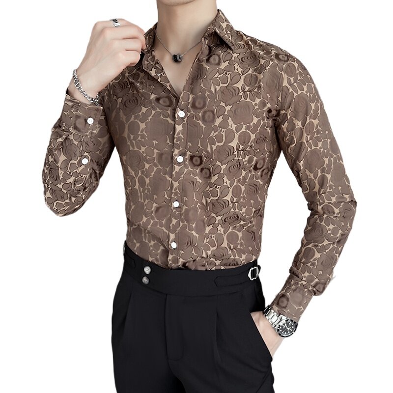 남성용 긴팔 꽃무늬 셔츠, 용수철 한국 스타일 럭셔리 의류, 4XL 슬림핏 캐주얼 무도회 턱시도 원피스, 남성 사교 셔츠