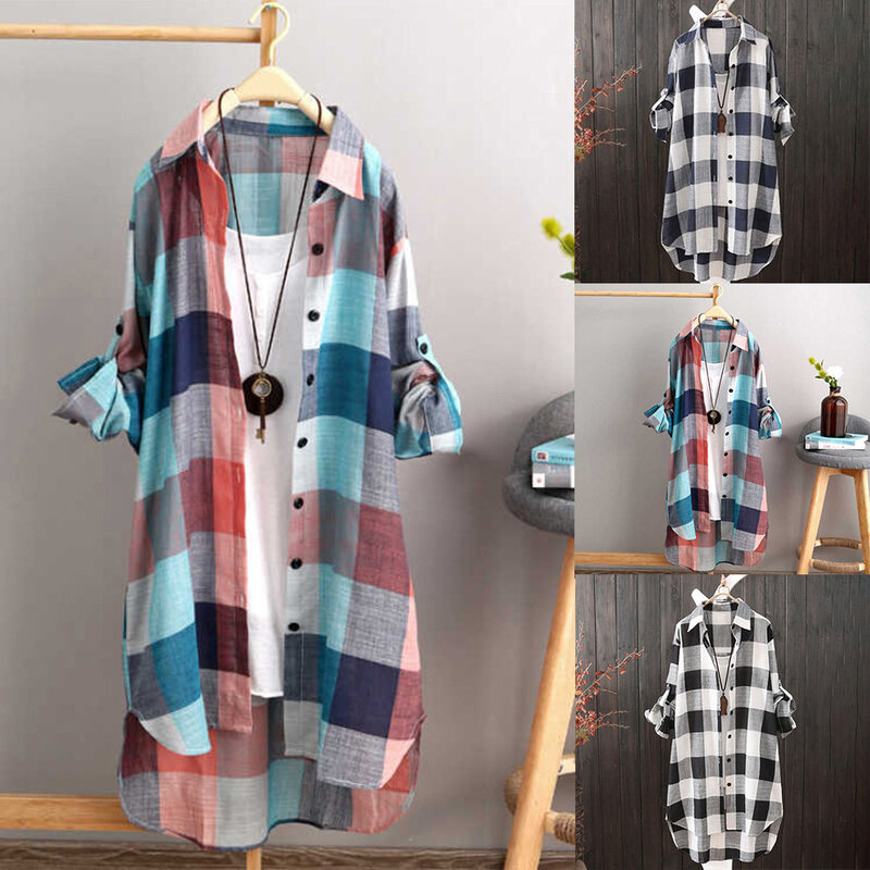Camisa xadrez de manga longa feminina, tops largos, blusa gola V, camisas casuais, plus size, confortável, camisas diárias