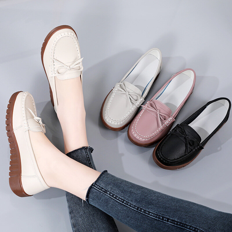 Womens Fashion Casual Flats Shoes Summer Black Slip on Soft soled non-slip shoes Hollow Breathable Leather Walking Lofers Shoes