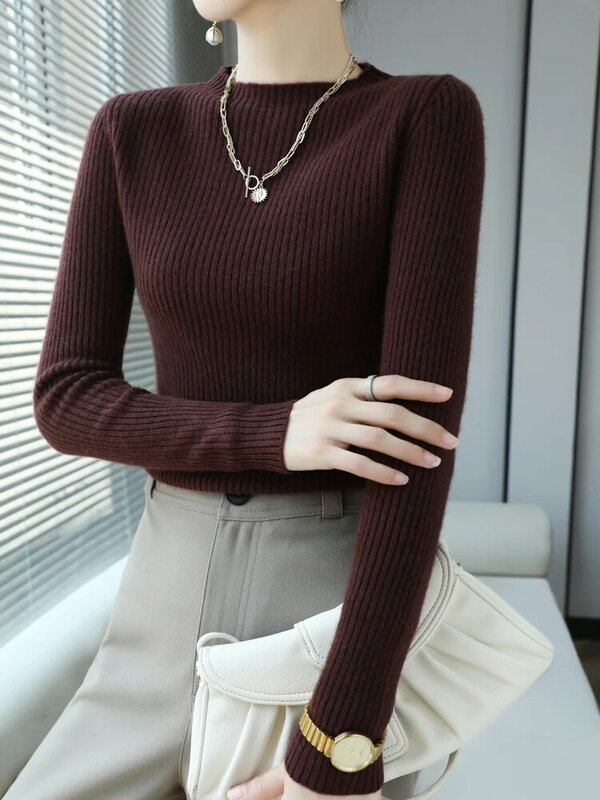 Женский облегающий пуловер из 100% мериносовой шерсти, с круглым вырезом